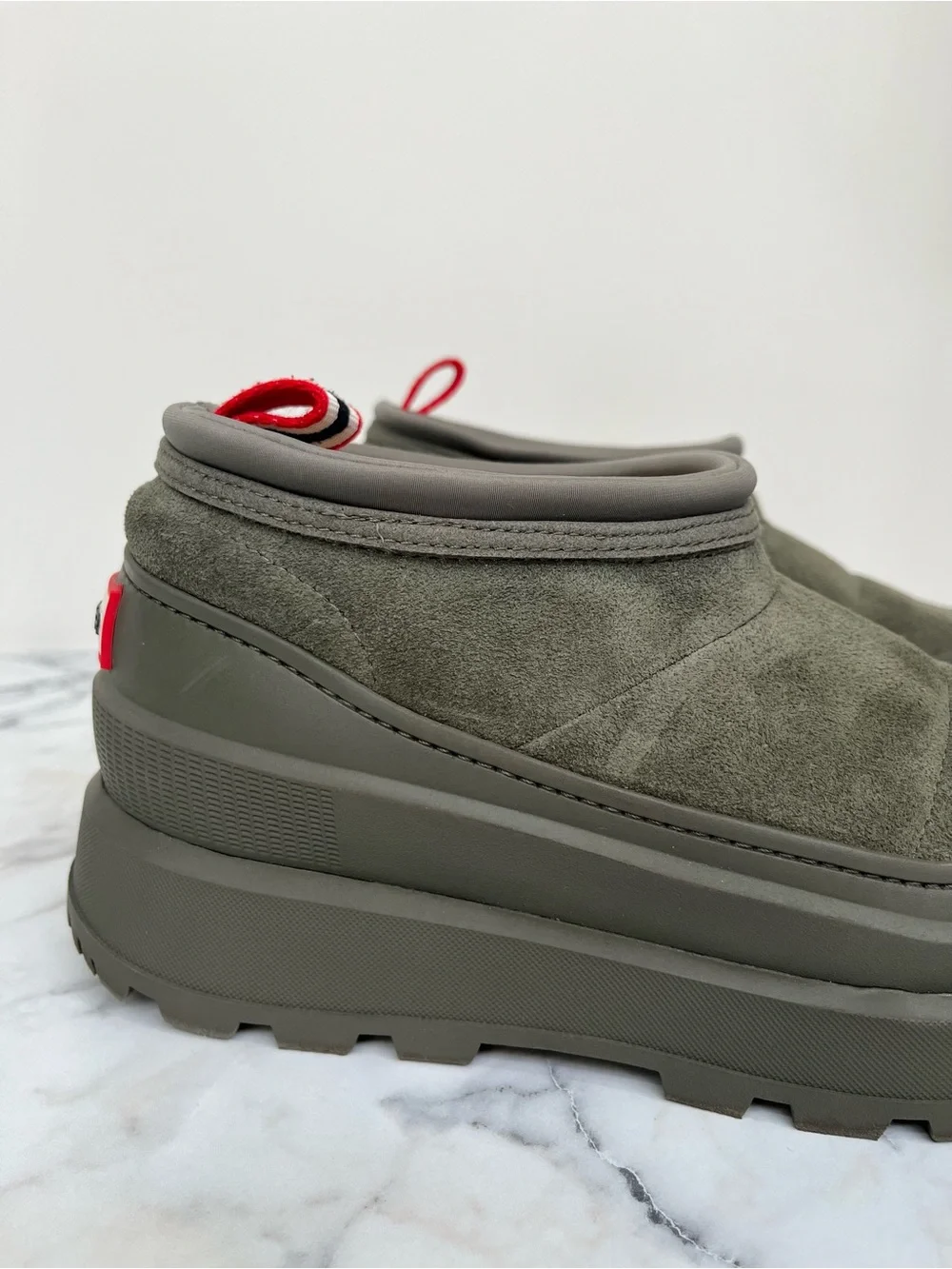 Hunter Askern Waterproof Suede Platform Bootie in Loch Olive Green Size 7